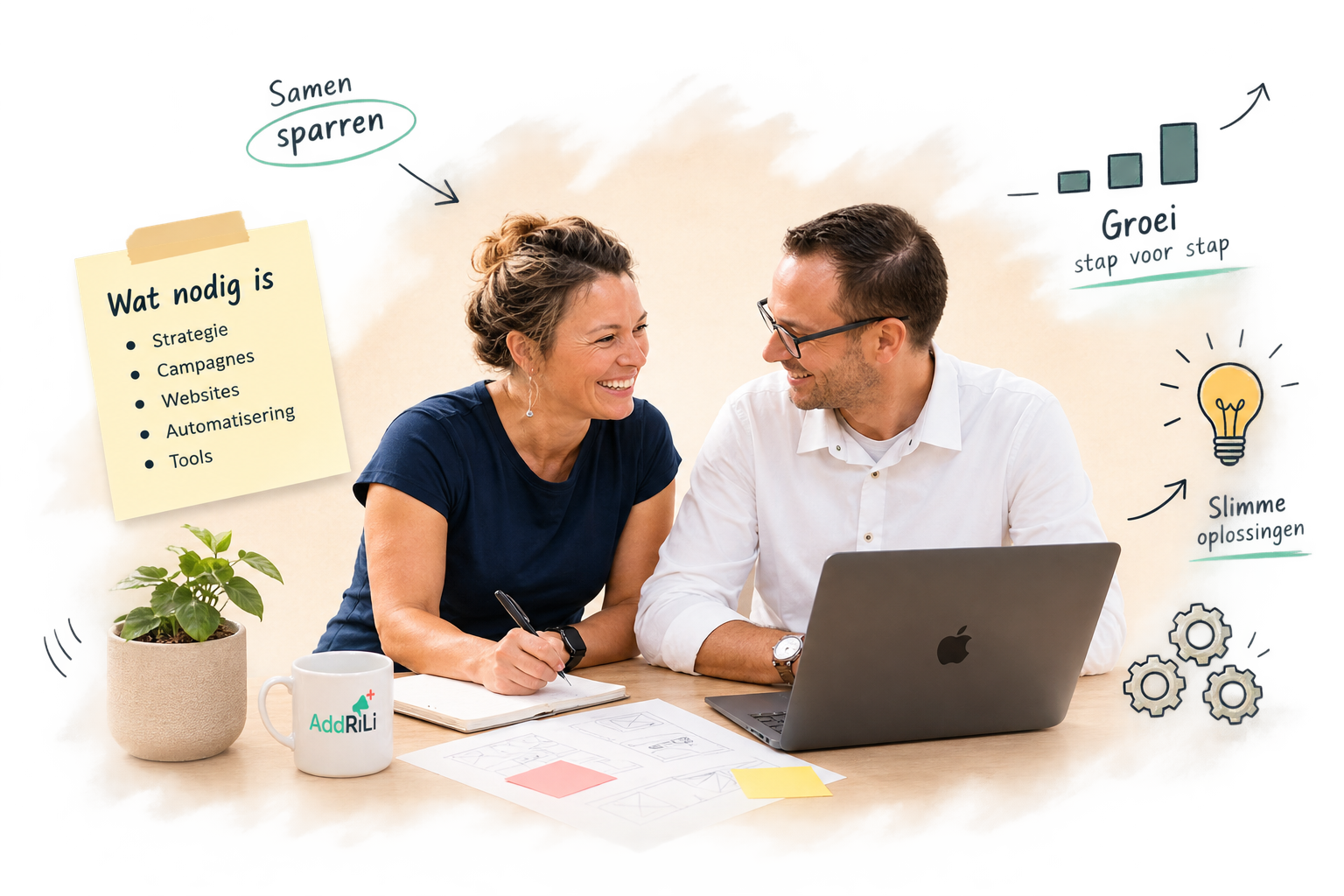 Richard en Lisanne van AddRiLi sparren samen over strategie, campagnes, websites, automatisering en slimme tools
